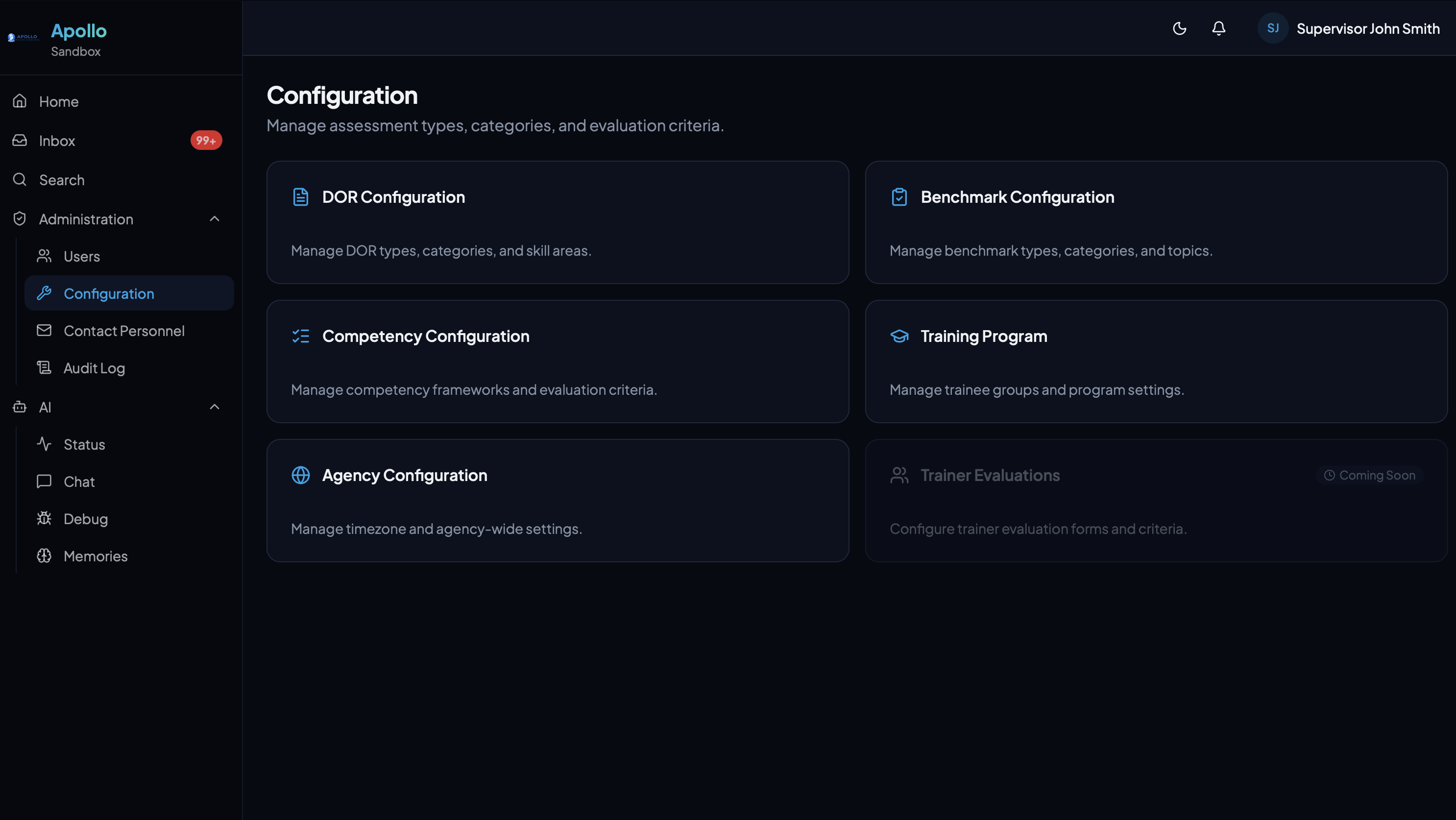 Configuration page with DOR types, benchmark types, competency frameworks, and training program settings