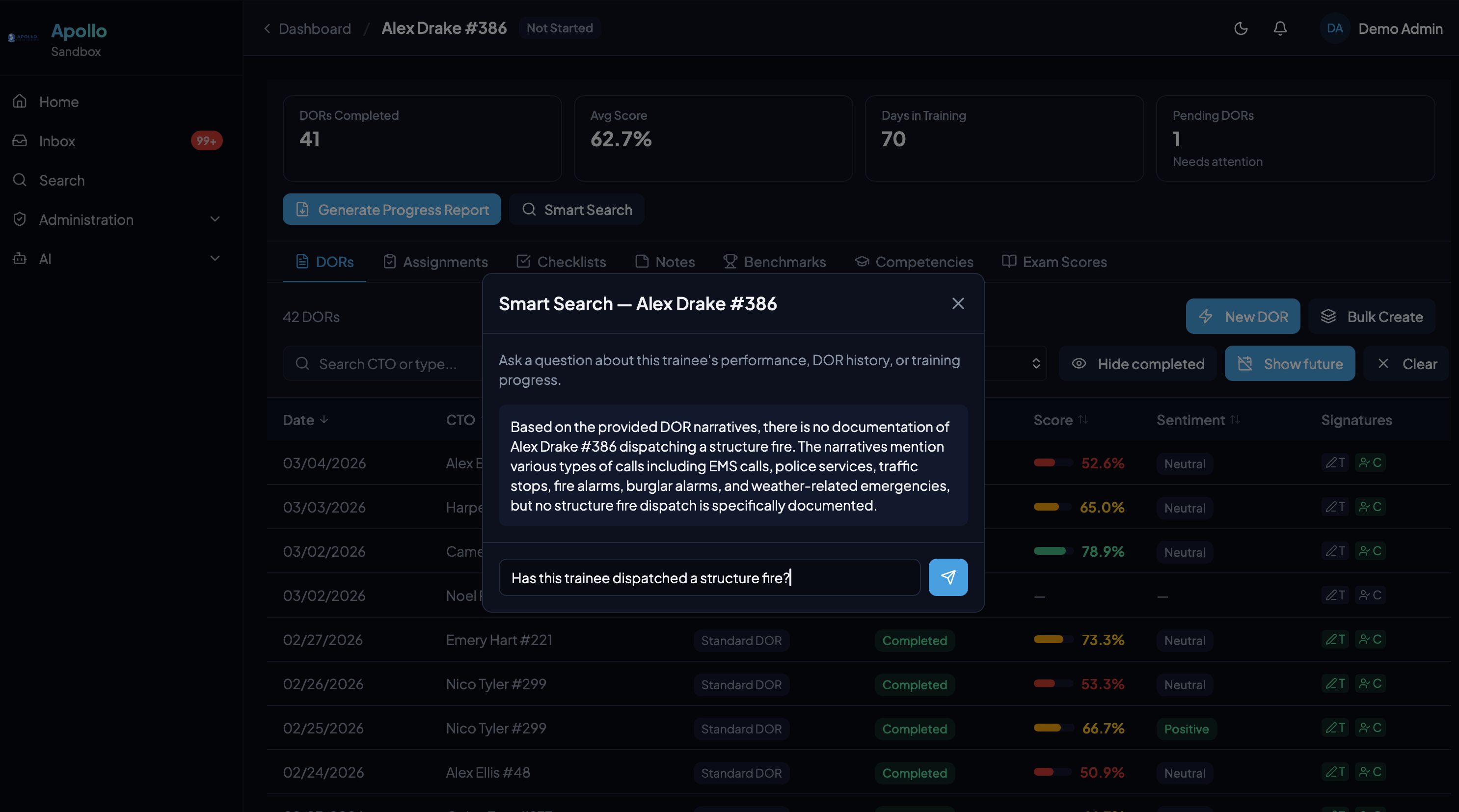 Apollo AI Smart Search answering questions about trainee history