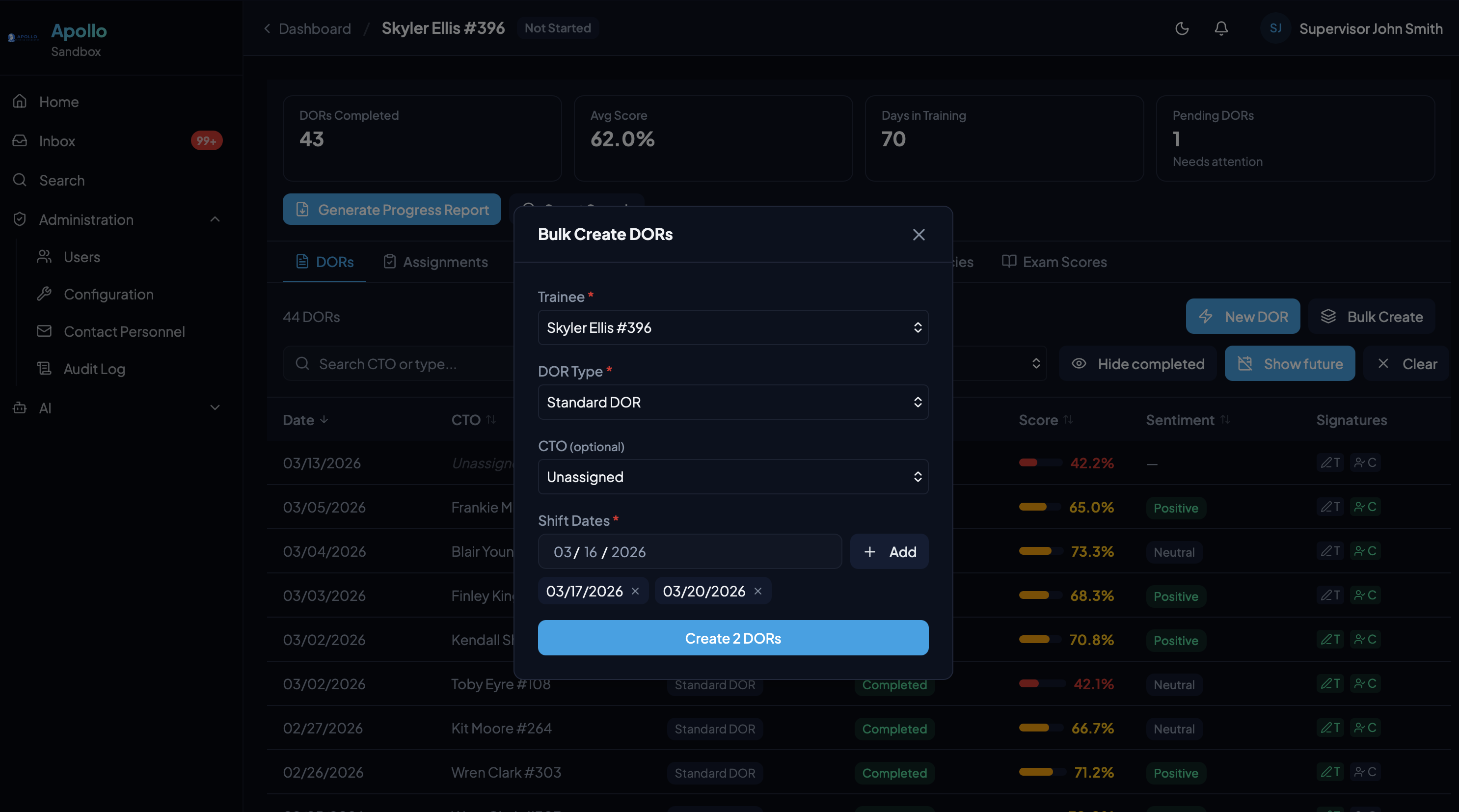 Bulk Create DORs modal for batch-creating reports across multiple shift dates