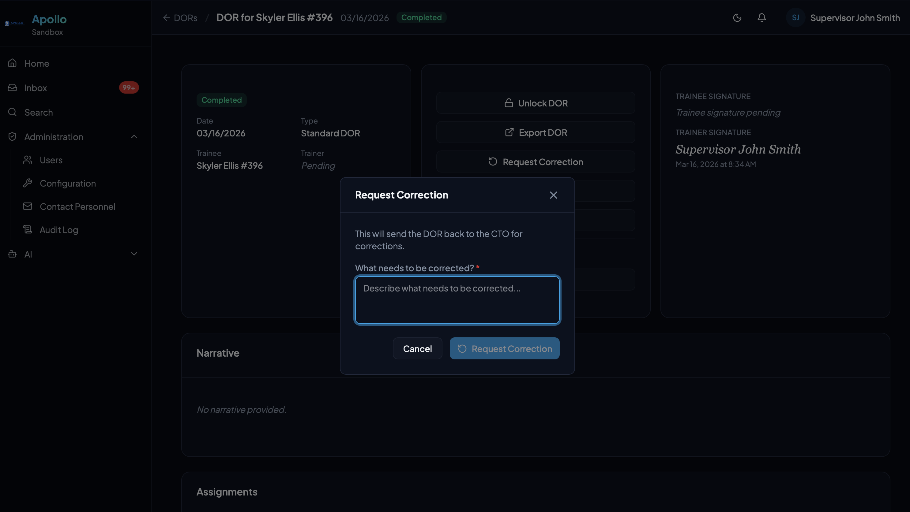 Request Correction modal allowing supervisors to send DORs back for edits