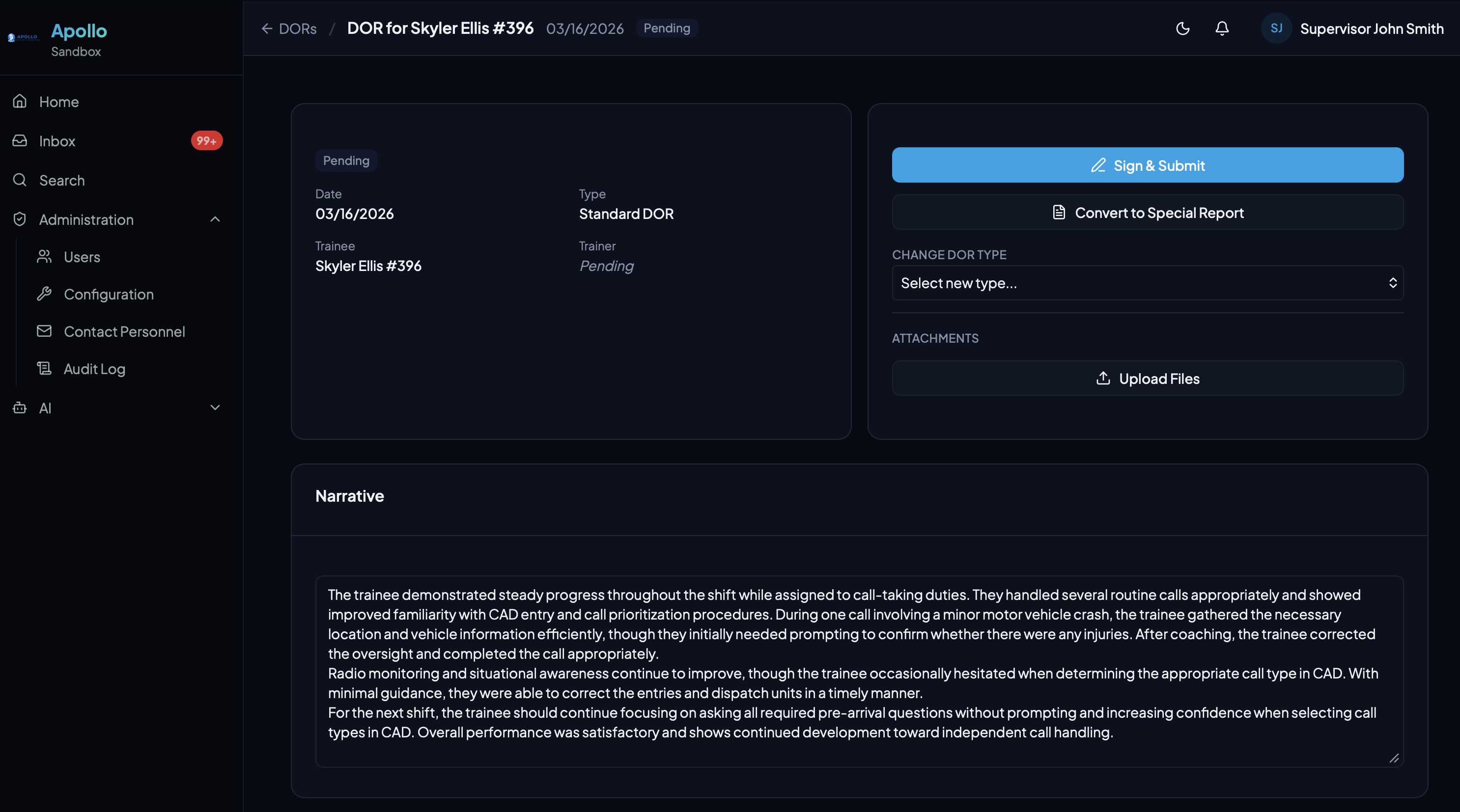 Apollo DOR detail view showing narrative, assignments, and skills evaluation