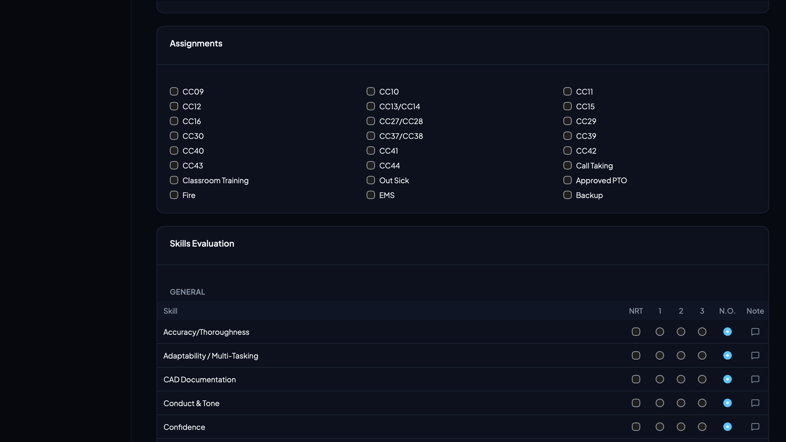 DOR skills evaluation section with assignment checkboxes and scored skill categories