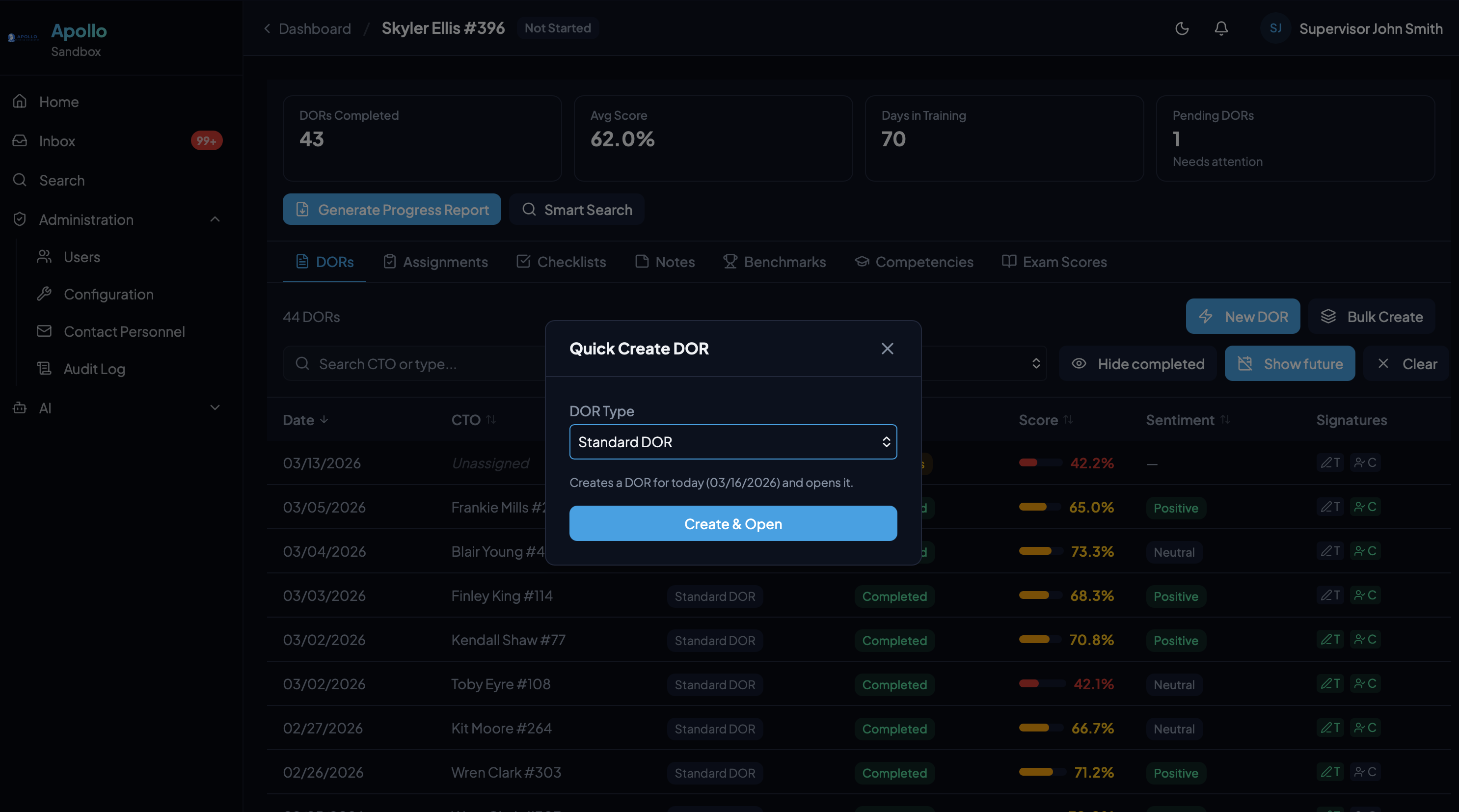 Quick Create DOR modal for creating a single daily observation report