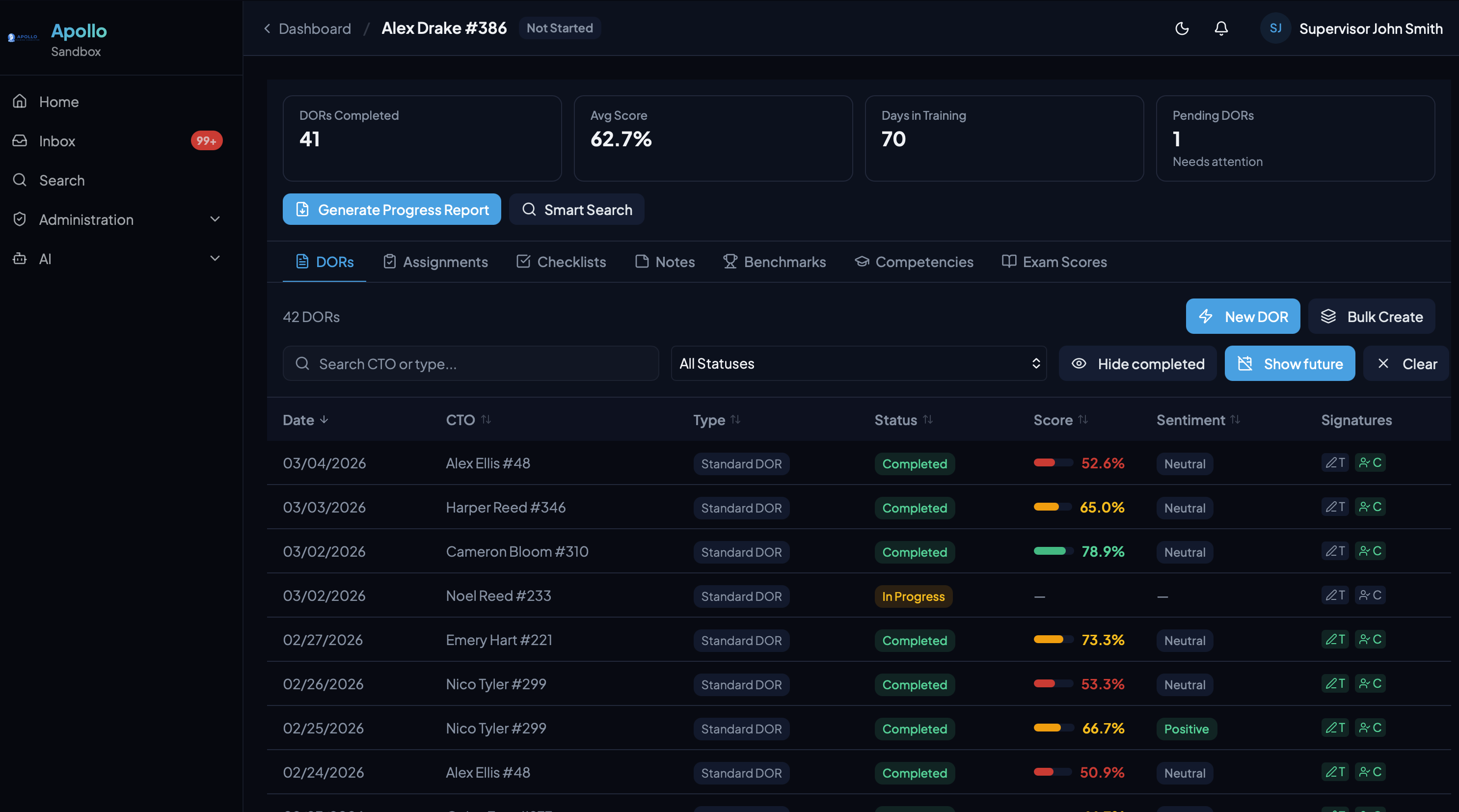 Trainee DOR list with scores, sentiment analysis, and signature status