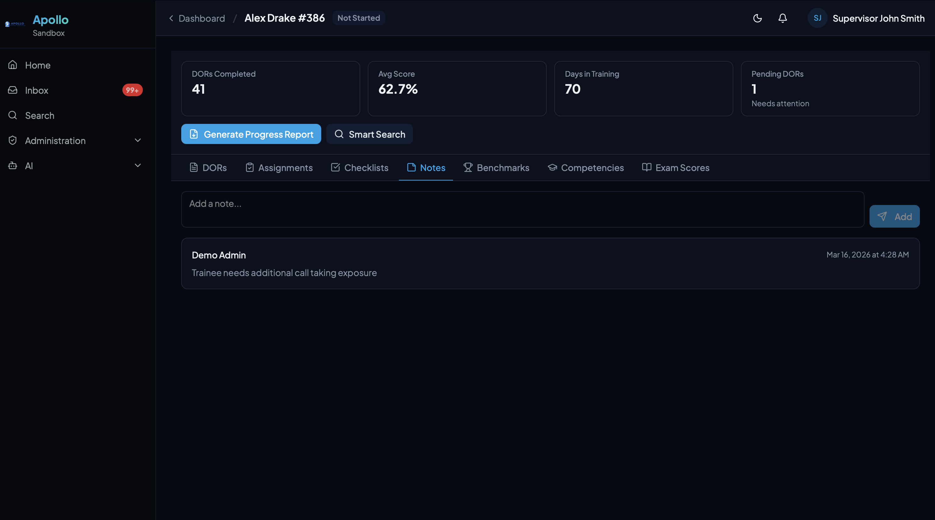 Trainee notes section for supervisor observations and follow-ups